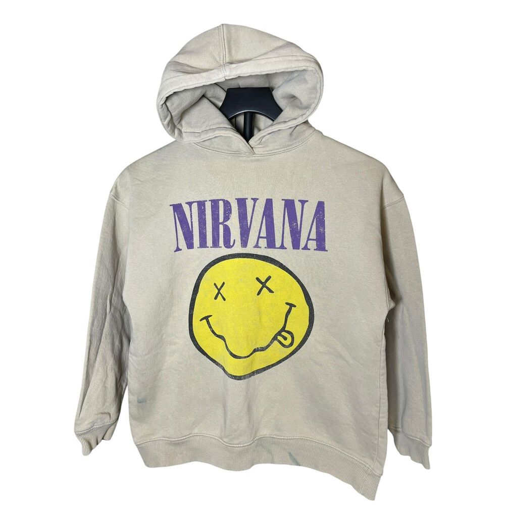Zara Kids Nirvana Hoodie 11-12 Beige Smiley Face Grunge Band Sweatshirt